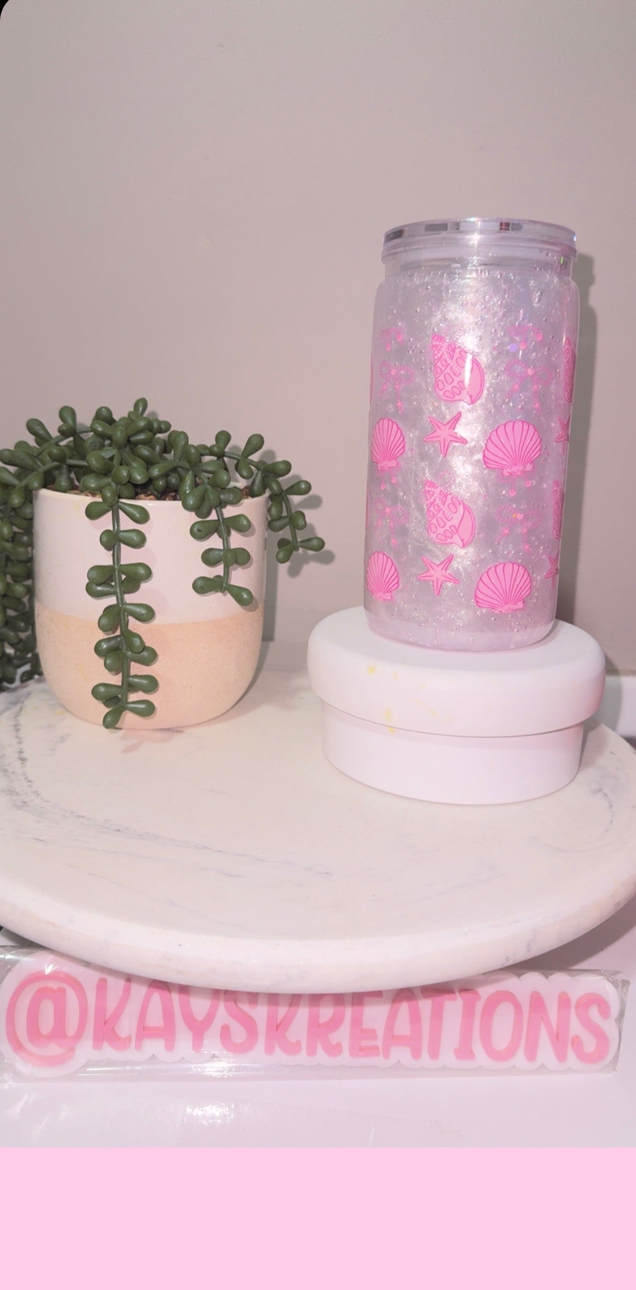 Pre Made 16oz Acrylic Pink Shells Snowglobe
